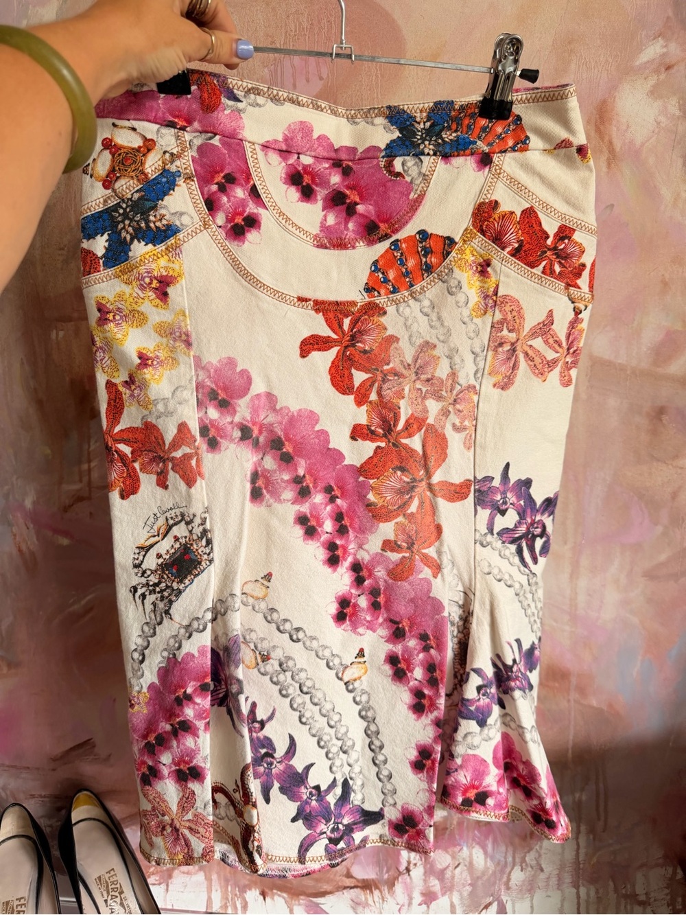 Just Cavalli Cream Floral Print Women’s skirt with Pink, Orange & Purple Accents